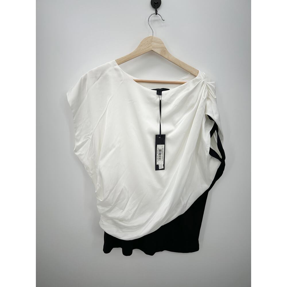 Katherine Barclay Blouse Women XL NWT White Black Satin Cinch Career Business